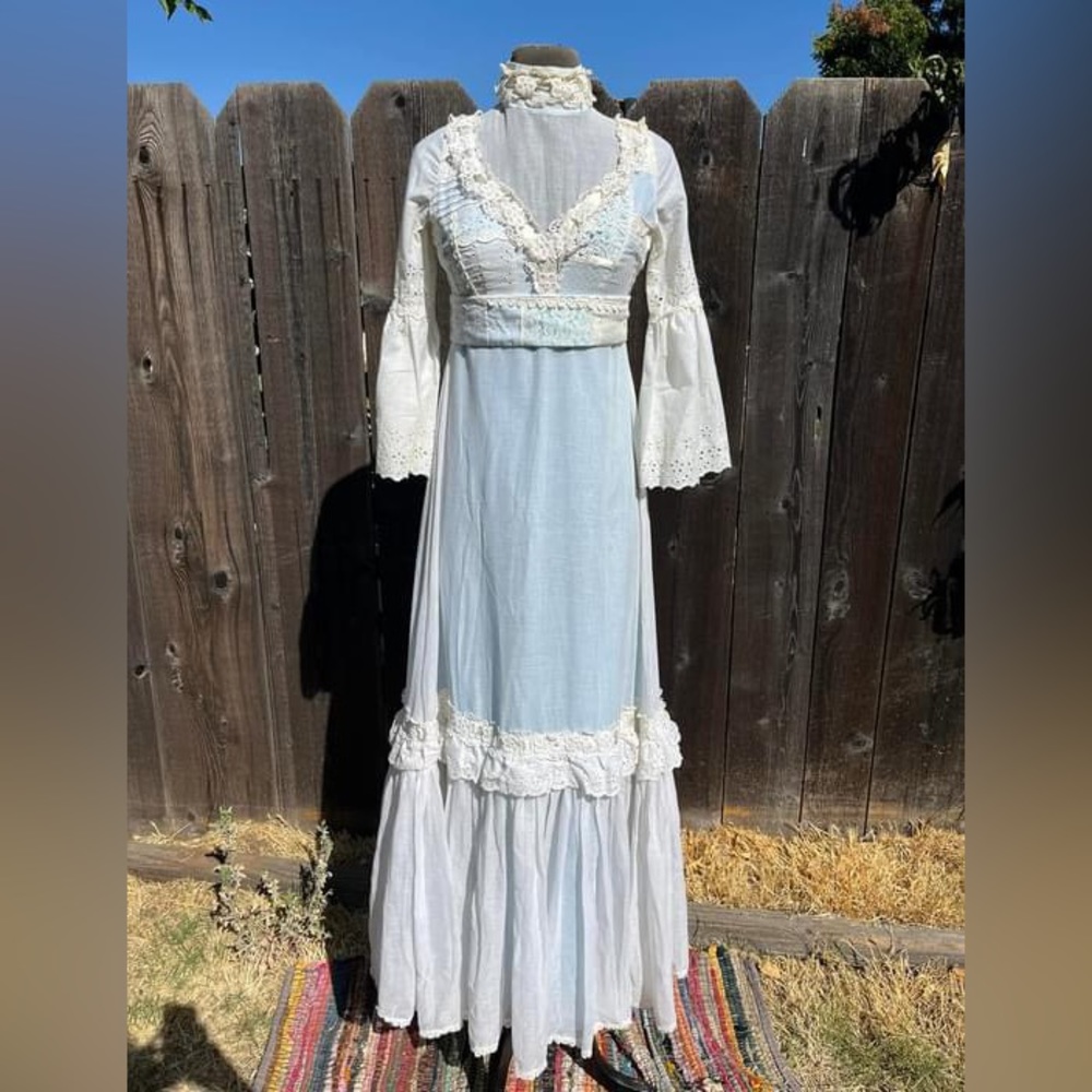 Vintage 1970’s cotton baby blue prairie/bohemian maxi dress with bell sleeves